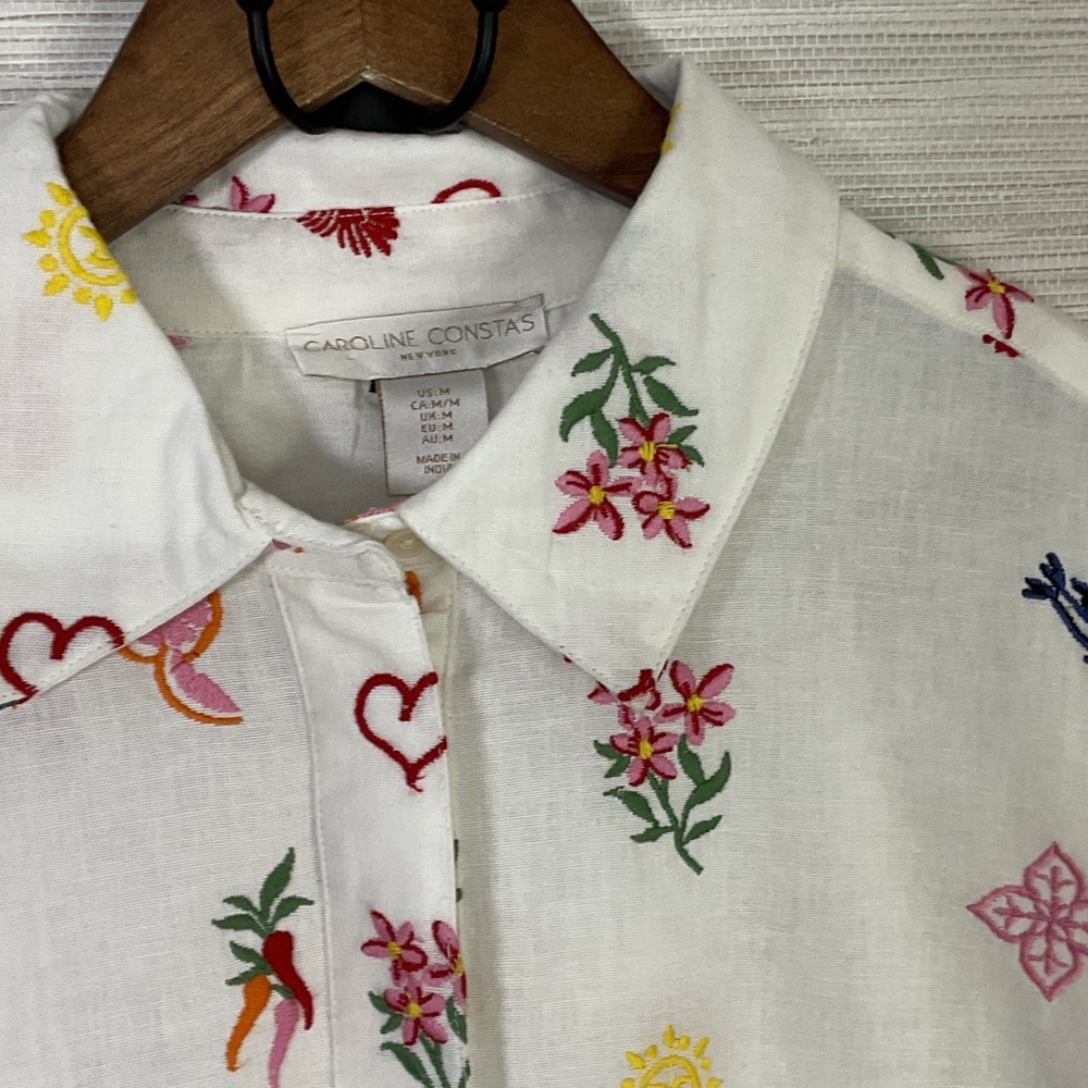Caroline Constas White Crop Button Up Embroidered Top Med Summer Print Linen - Picture 6 of 13